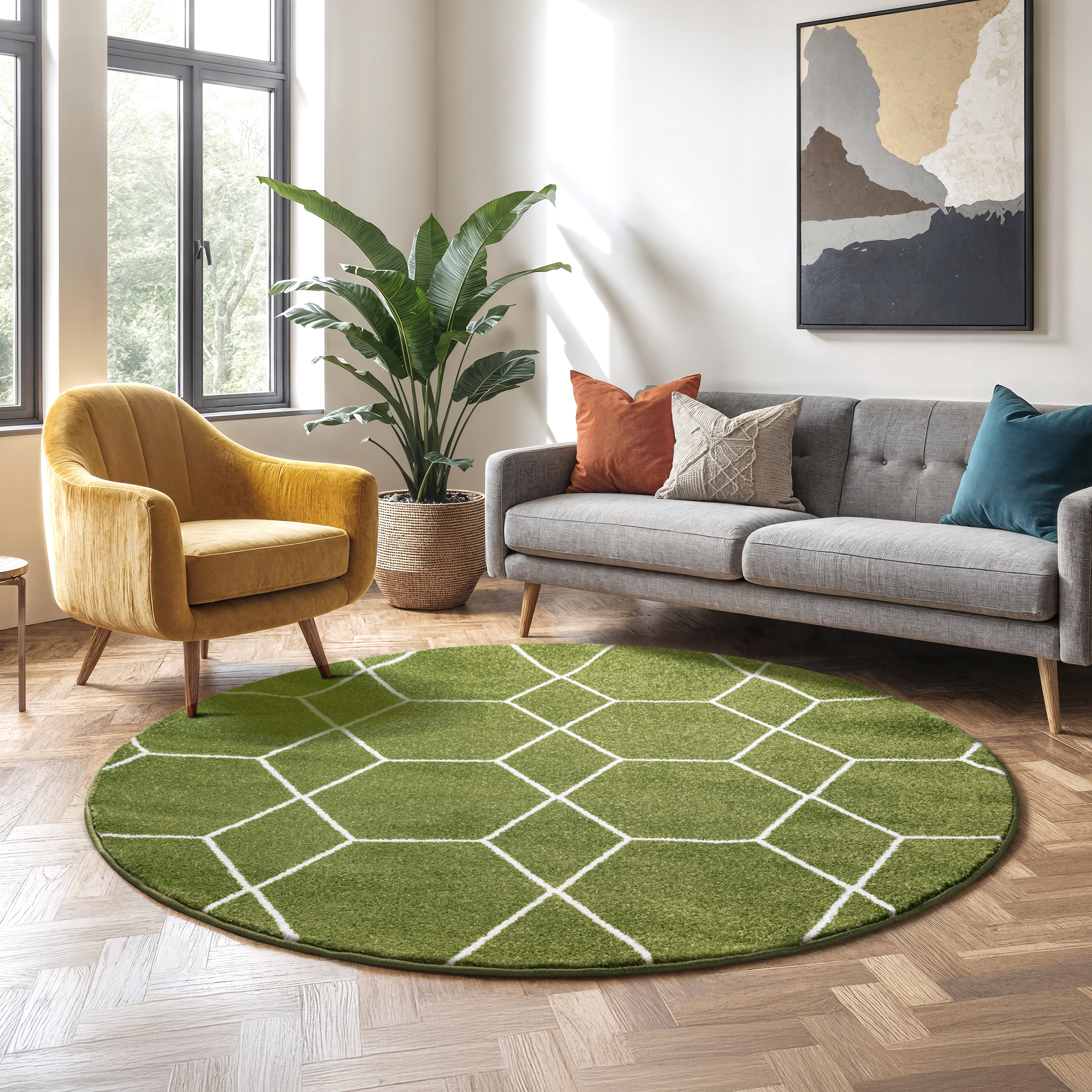 Trellis Uni Rond Effen Laagpolig Vloerkleed Modern Groen