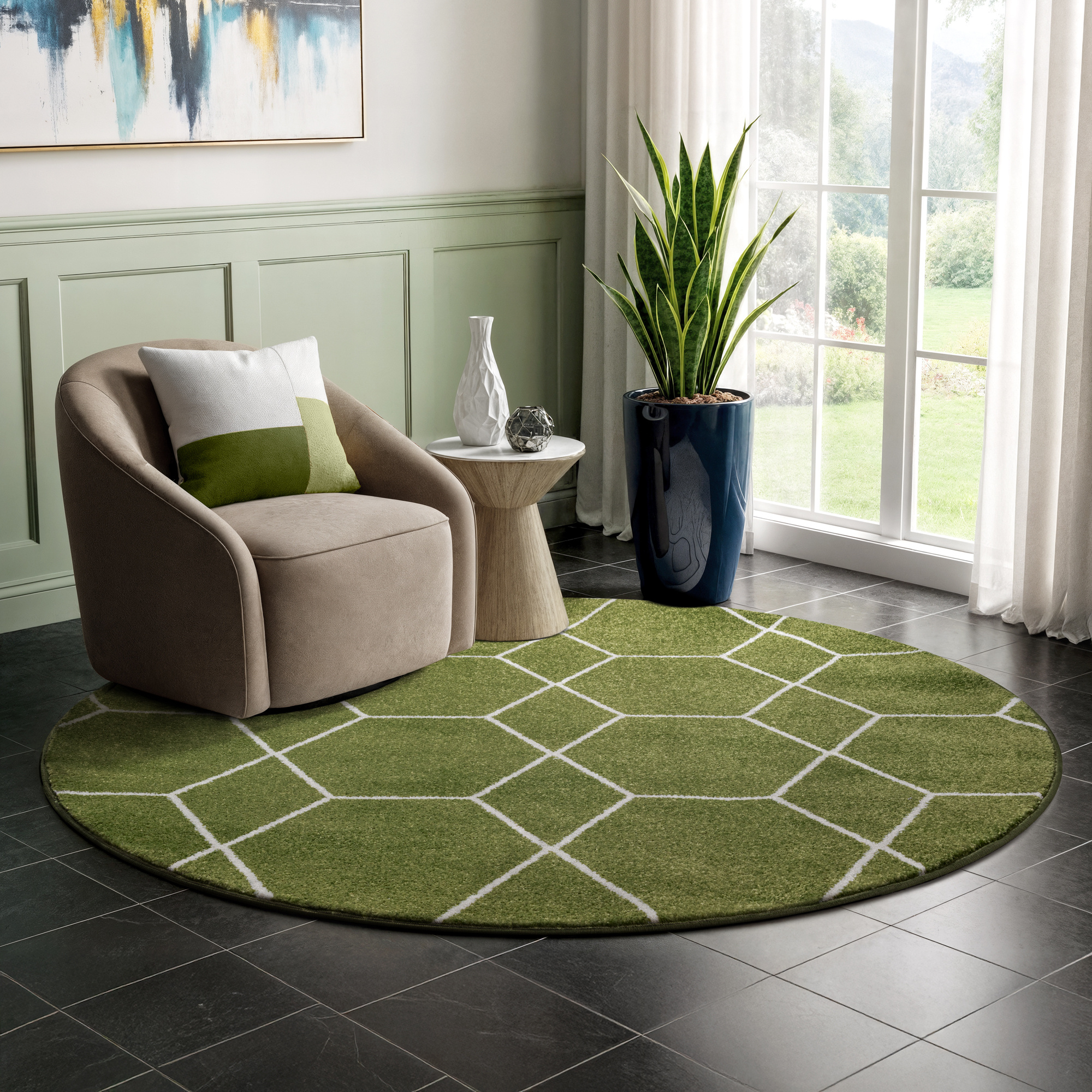 Trellis Uni Rond Effen Laagpolig Vloerkleed Modern Groen