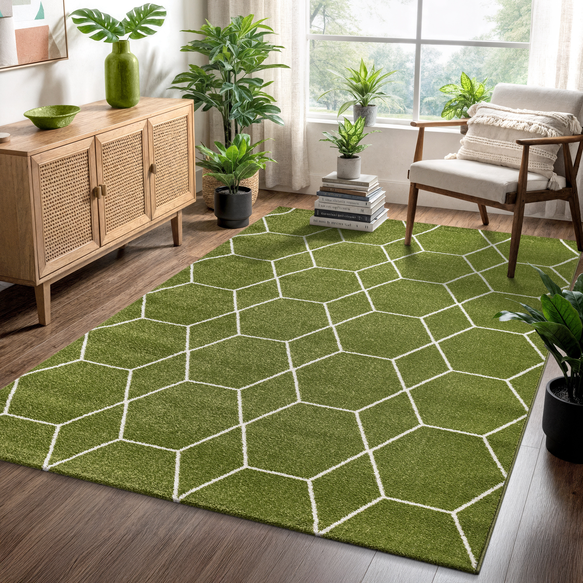 Trellis Uni Effen Laagpolig Vloerkleed Modern Groen