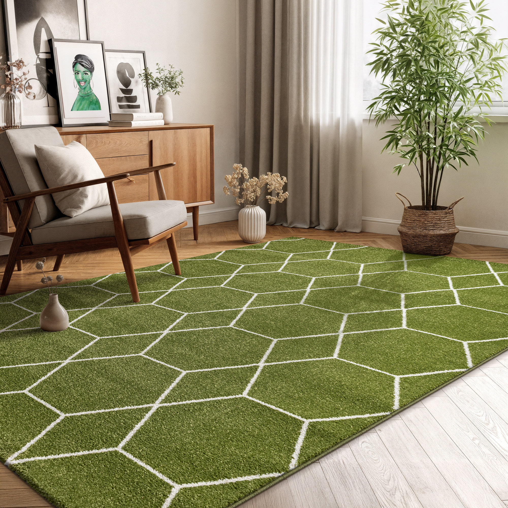 Trellis Uni Effen Laagpolig Vloerkleed Modern Groen