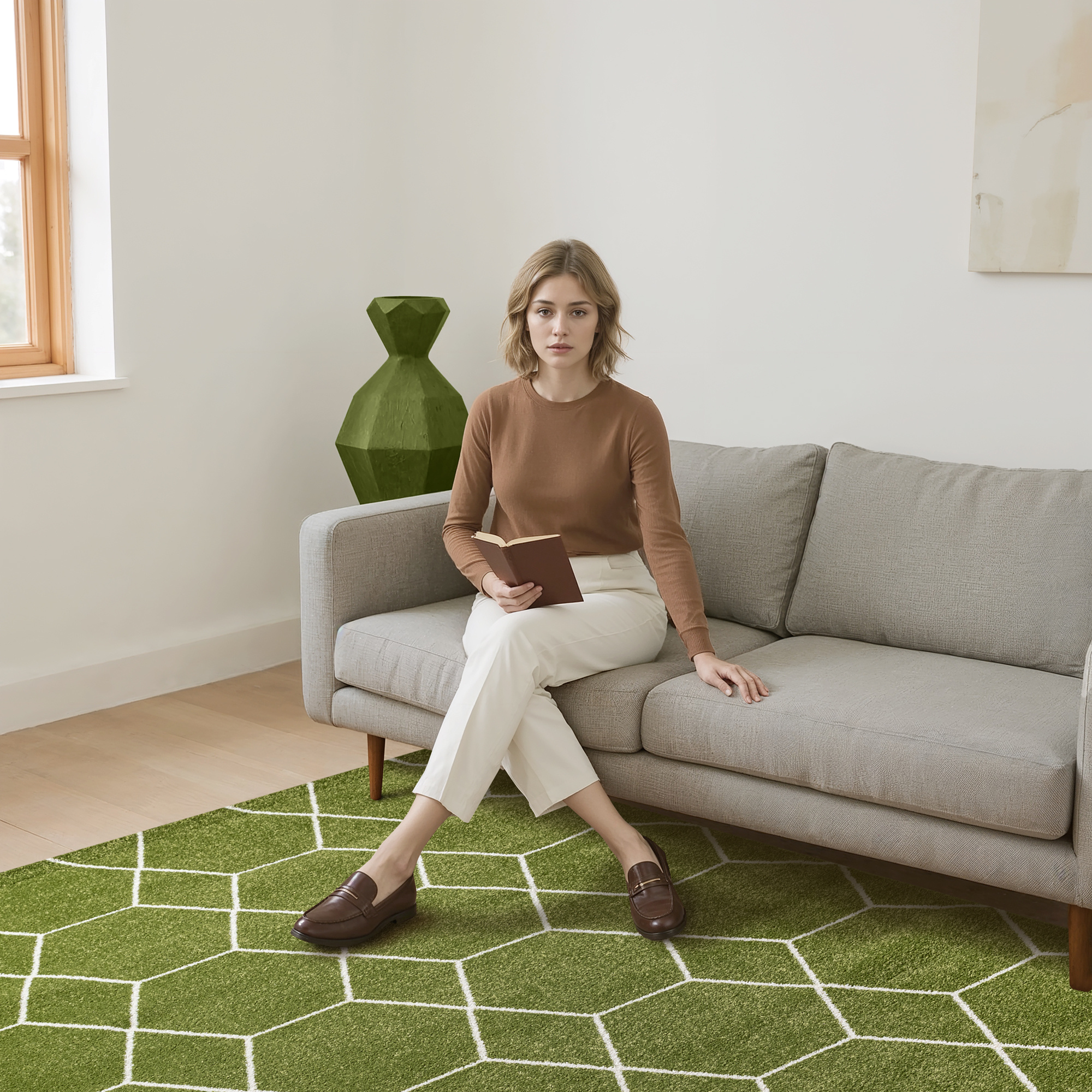 Trellis Uni Effen Laagpolig Vloerkleed Modern Groen