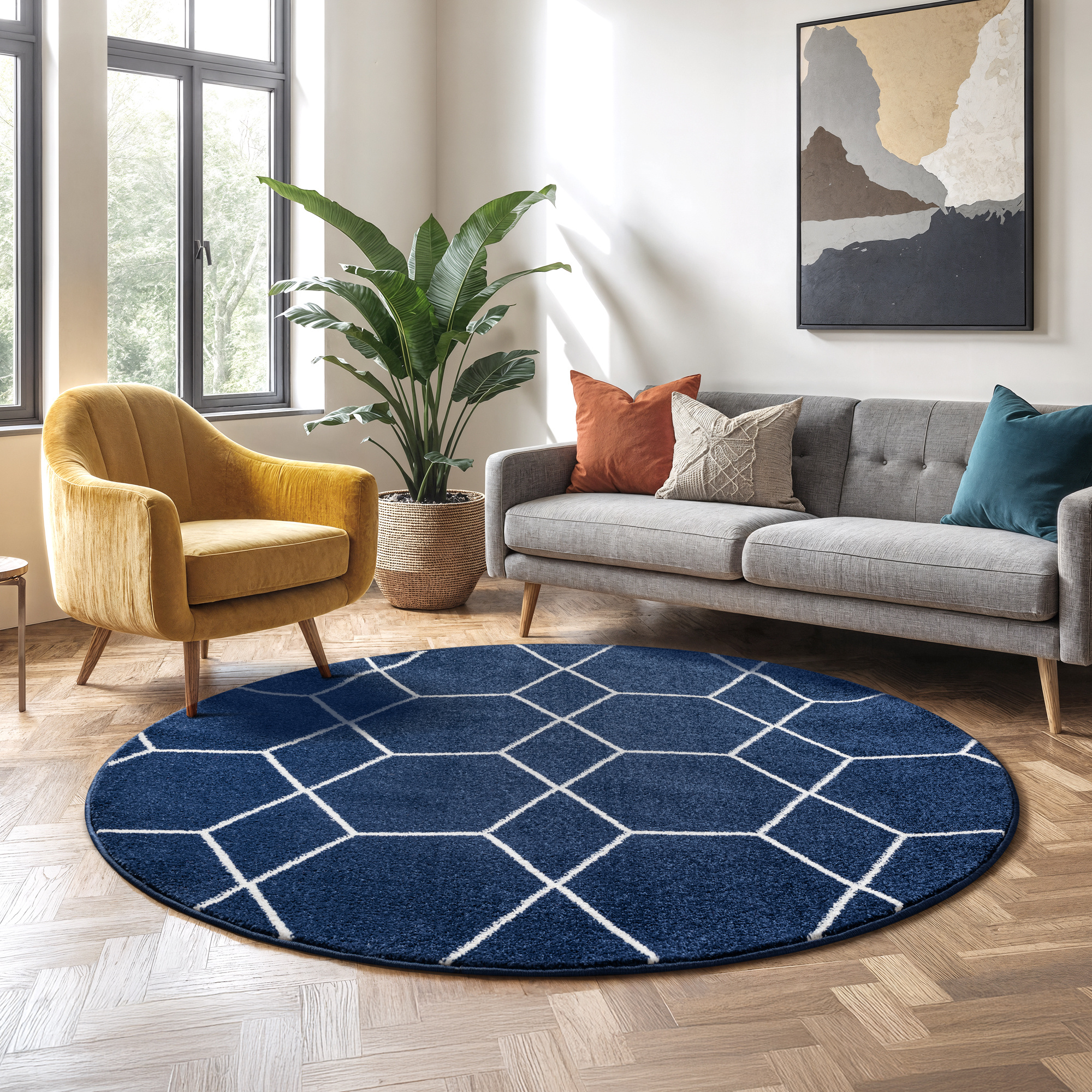 Trellis Uni Rond Laagpolig Vloerkleed Donkerblauw