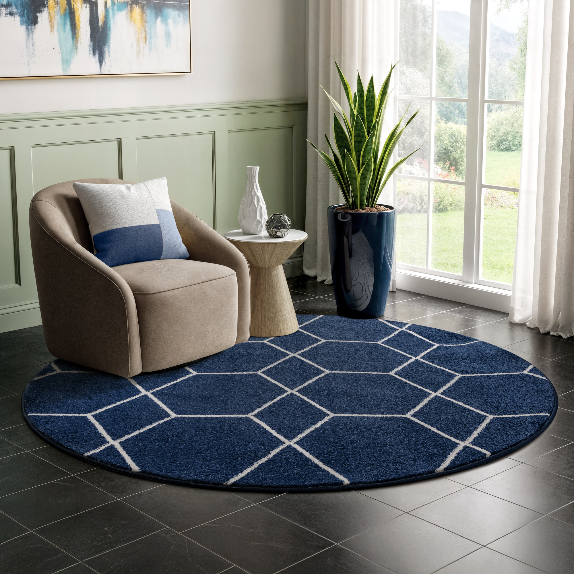 Trellis Uni Rond Laagpolig Vloerkleed Donkerblauw