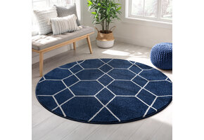 Trellis Uni Rond Laagpolig Vloerkleed Donkerblauw