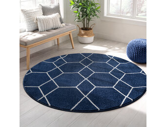 Trellis Uni Rond Effen Laagpolig Vloerkleed Modern Donkerblauw Navy