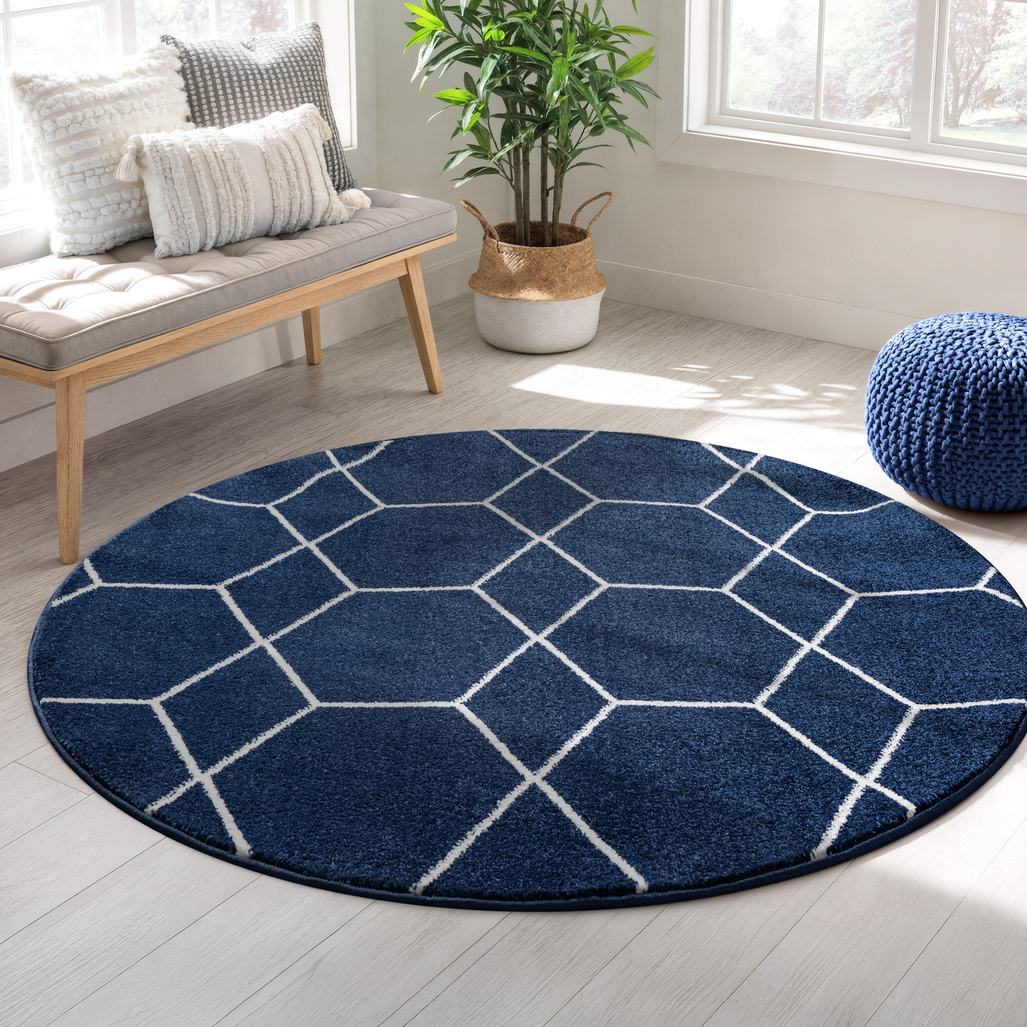 Trellis Uni Rond Laagpolig Vloerkleed Donkerblauw