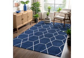 Trellis Uni Laagpolig Vloerkleed Donkerblauw