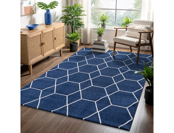 Trellis Uni Effen Laagpolig Vloerkleed Modern Donkerblauw Navy