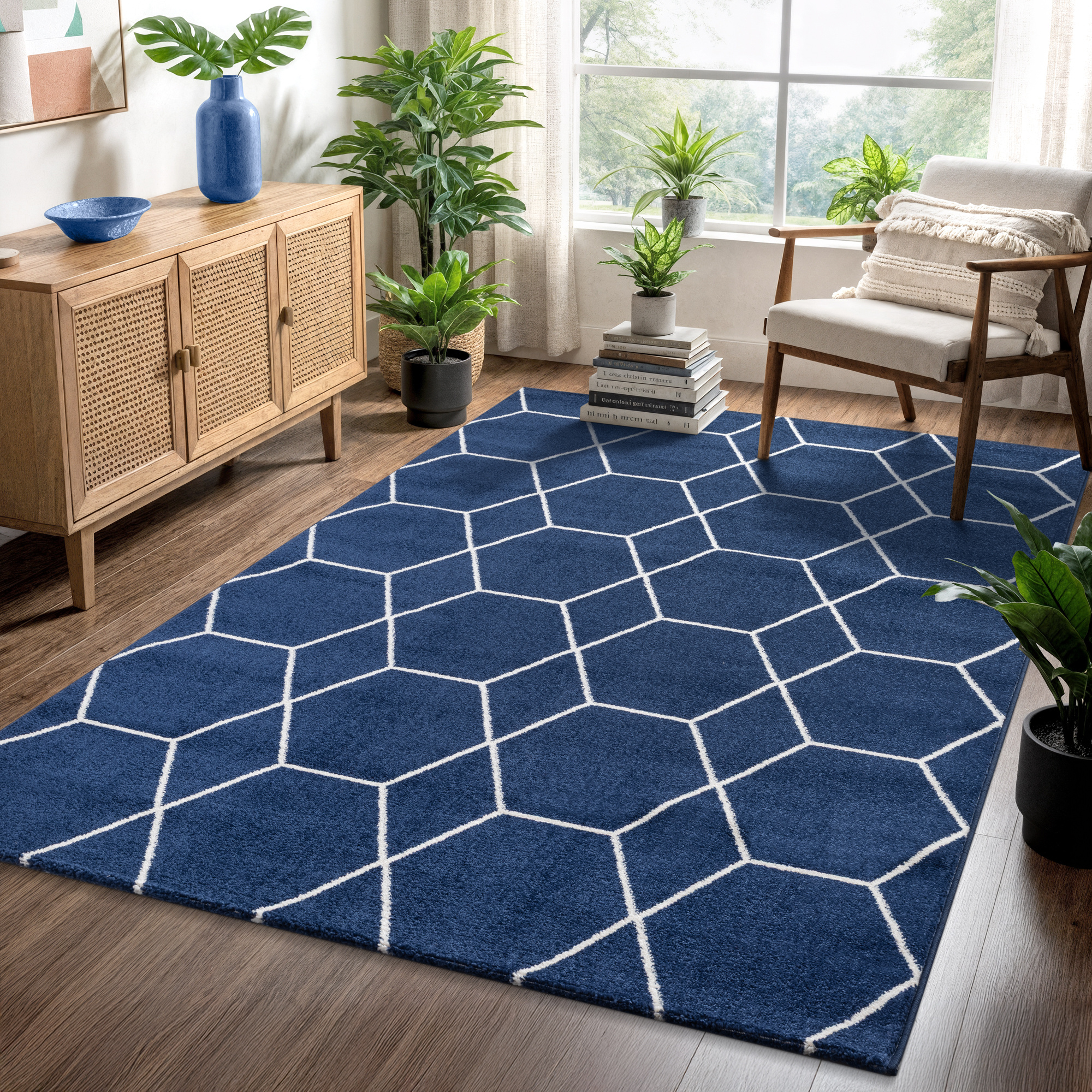 Trellis Uni Effen Laagpolig Vloerkleed Modern Donkerblauw Navy