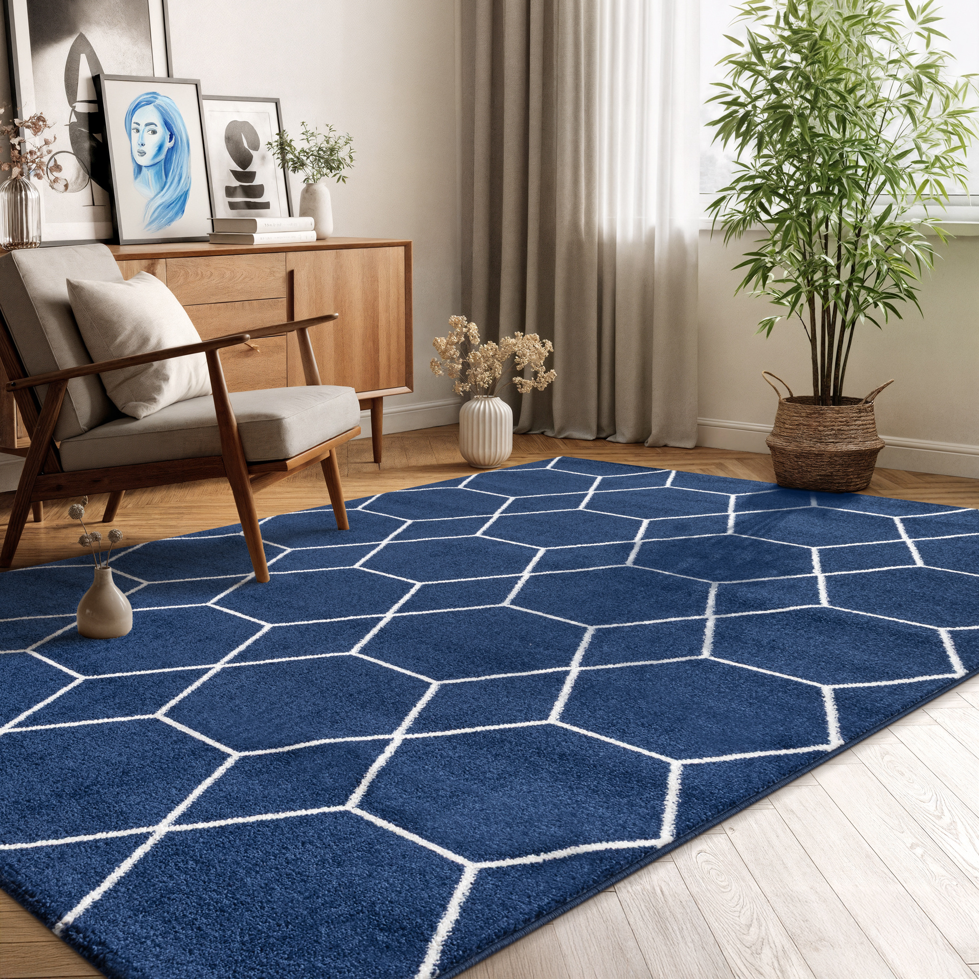 Trellis Uni Laagpolig Vloerkleed Donkerblauw