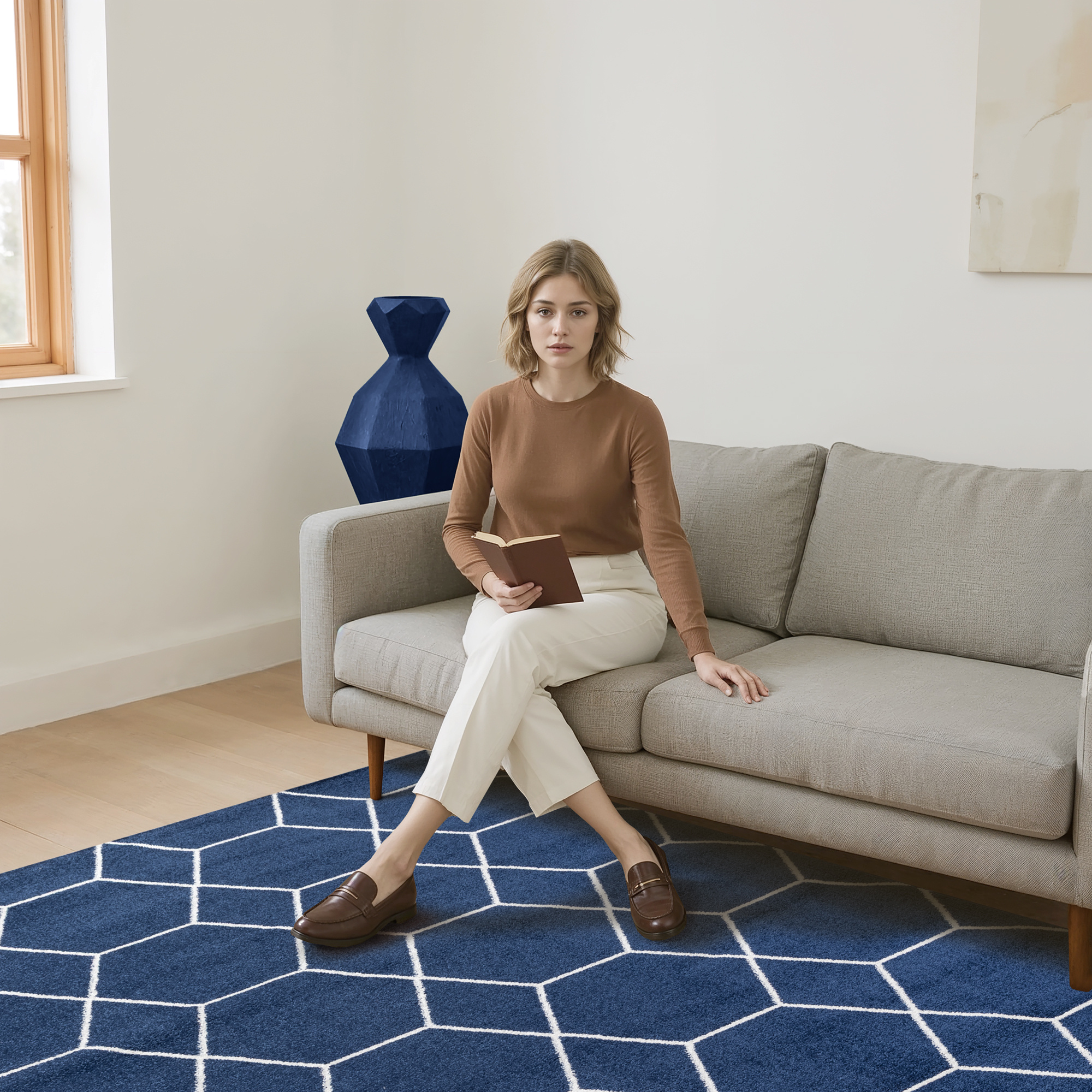 Trellis Uni Laagpolig Vloerkleed Donkerblauw