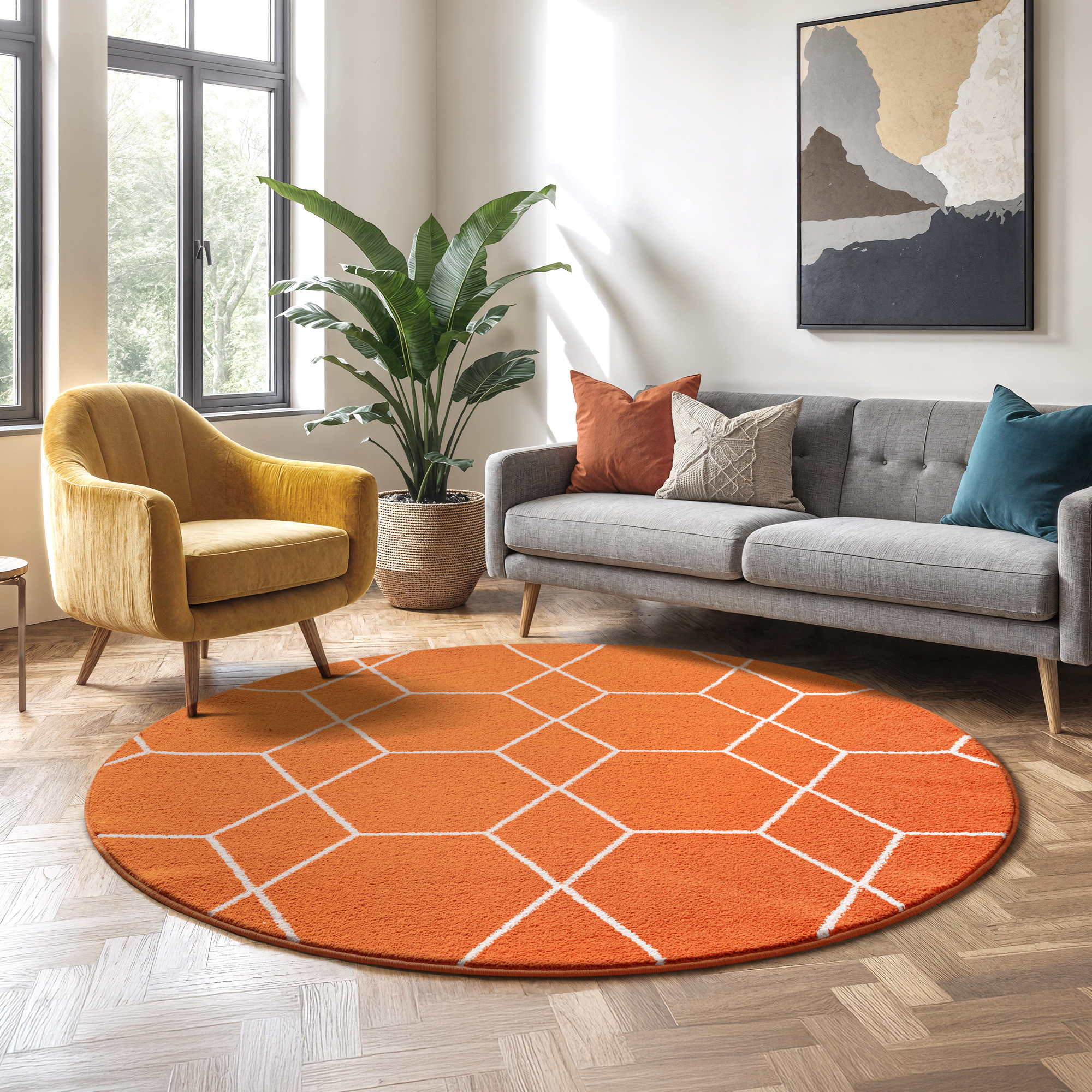 Trellis Uni Rond Effen Laagpolig Vloerkleed Modern Oranje