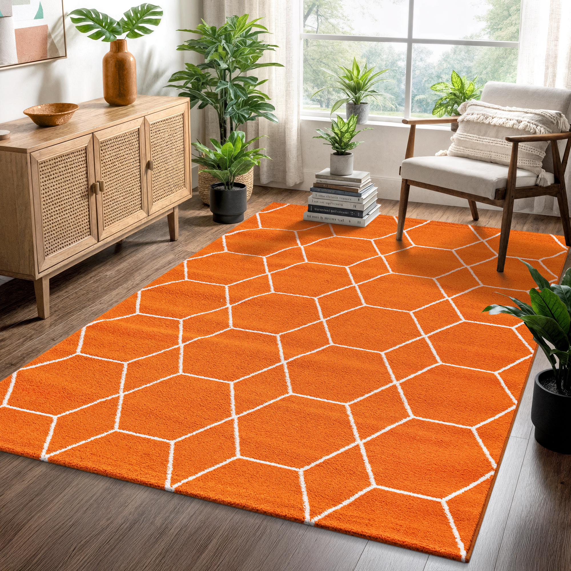 Trellis Uni Effen Laagpolig Vloerkleed Modern Oranje