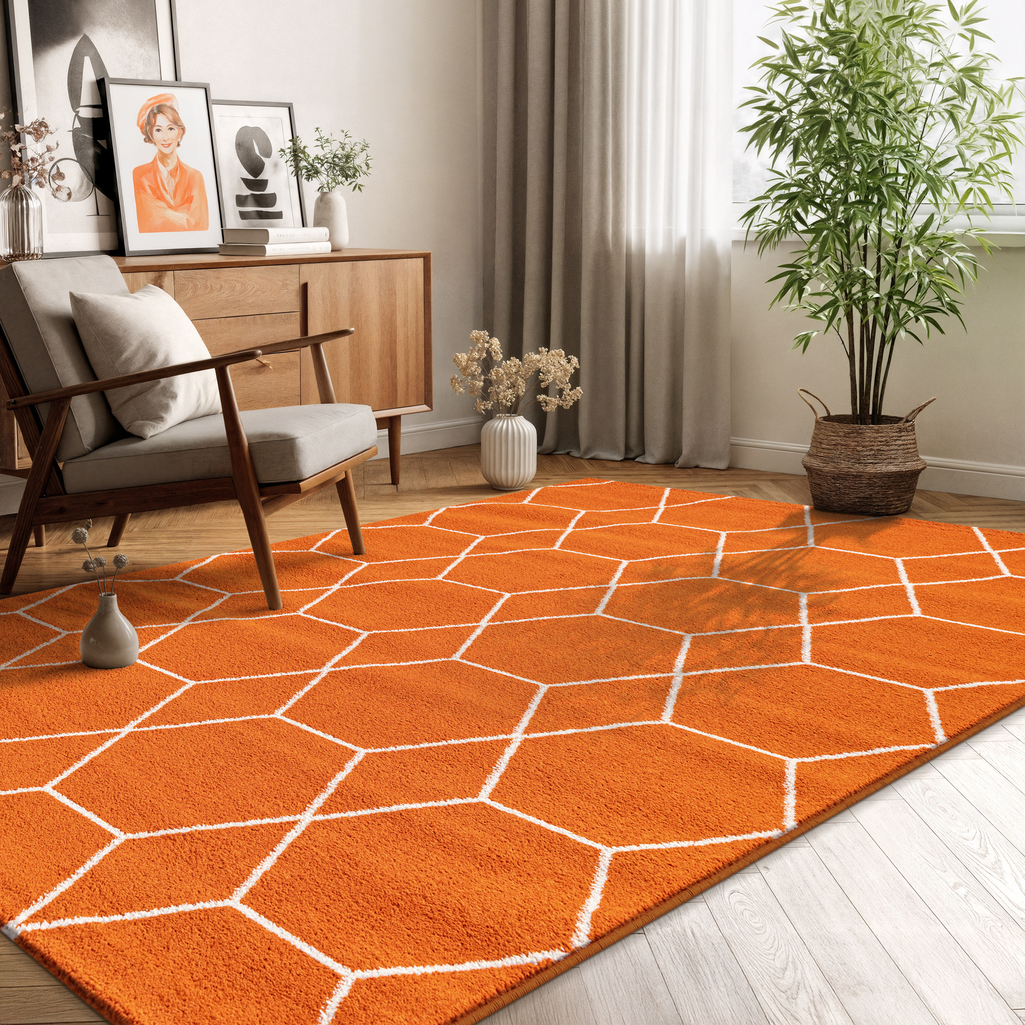 Trellis Uni Effen Laagpolig Vloerkleed Modern Oranje