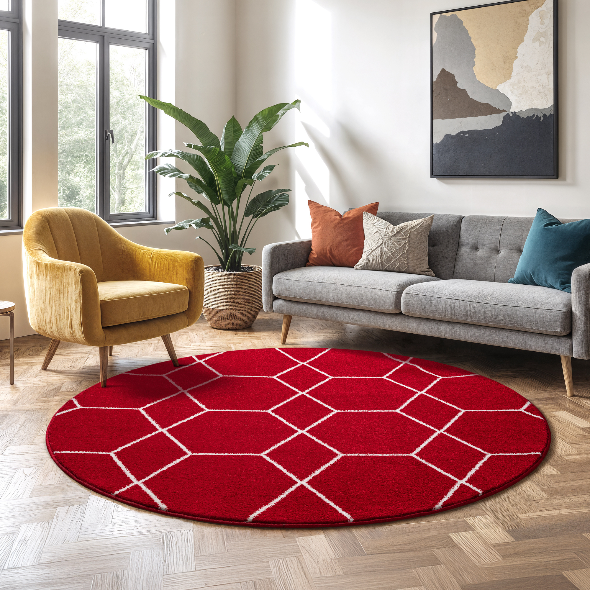 Trellis Uni Rond Laagpolig Vloerkleed Rood