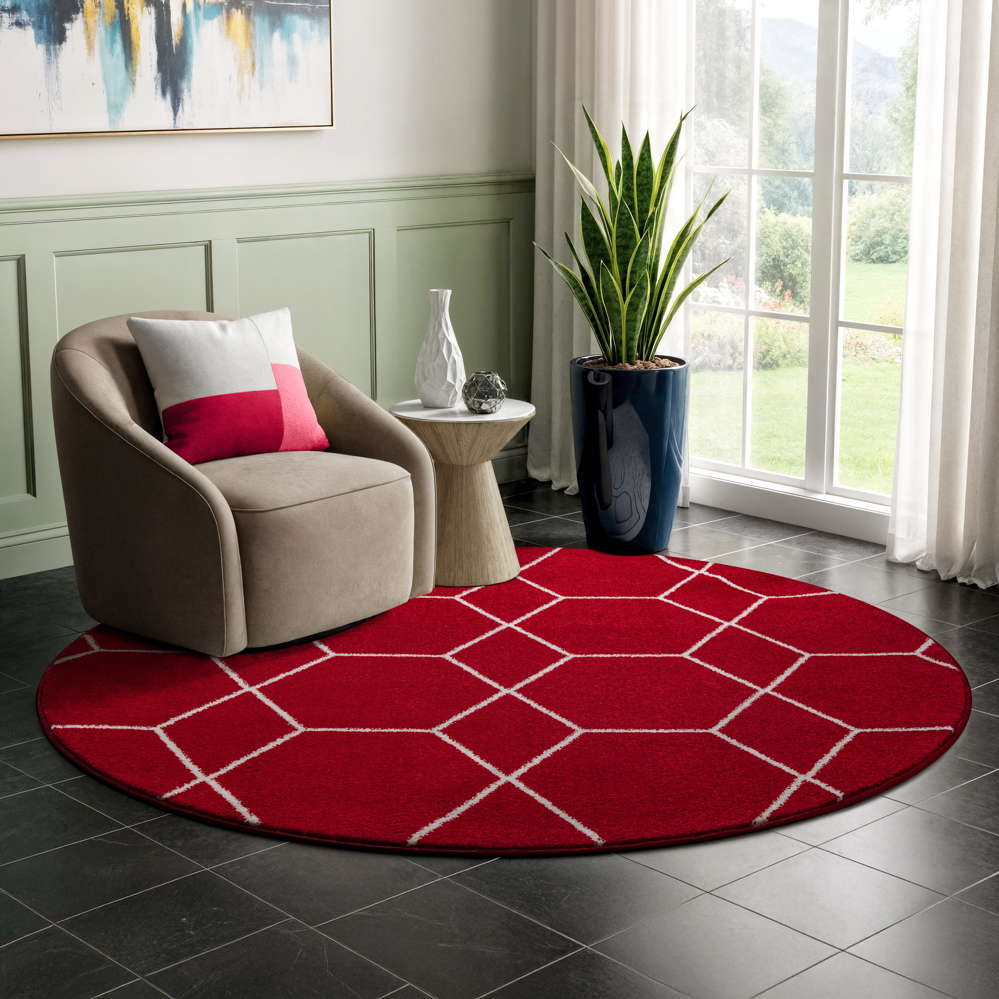 Trellis Uni Rond Effen Laagpolig Vloerkleed Modern Rood