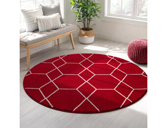 Trellis Uni Rond Effen Laagpolig Vloerkleed Modern Rood
