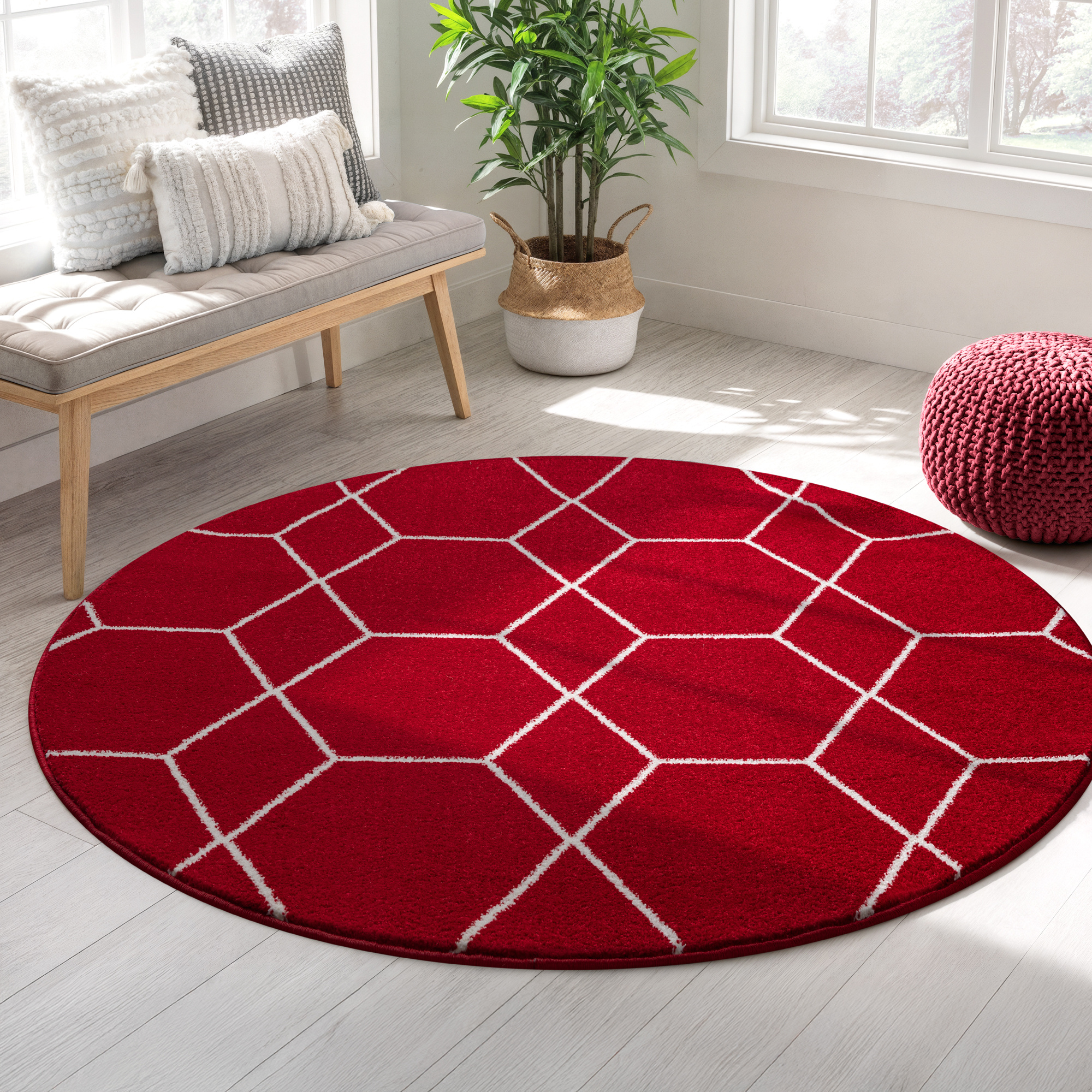 Trellis Uni Rond Effen Laagpolig Vloerkleed Modern Rood