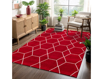 Trellis Uni Effen Laagpolig Vloerkleed Modern Rood