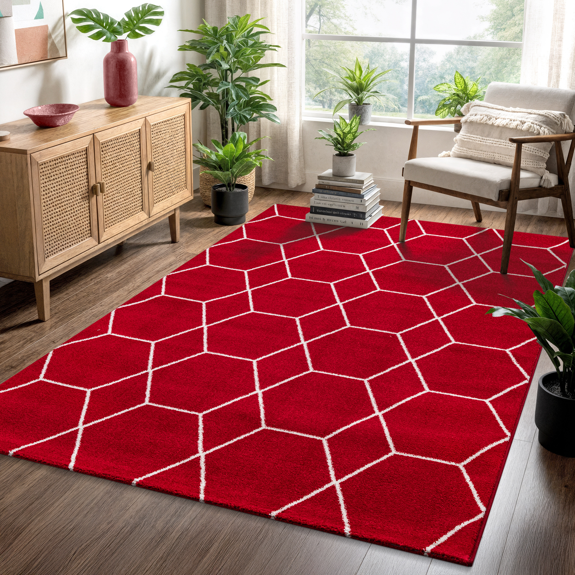 Trellis Uni Laagpolig Vloerkleed Rood
