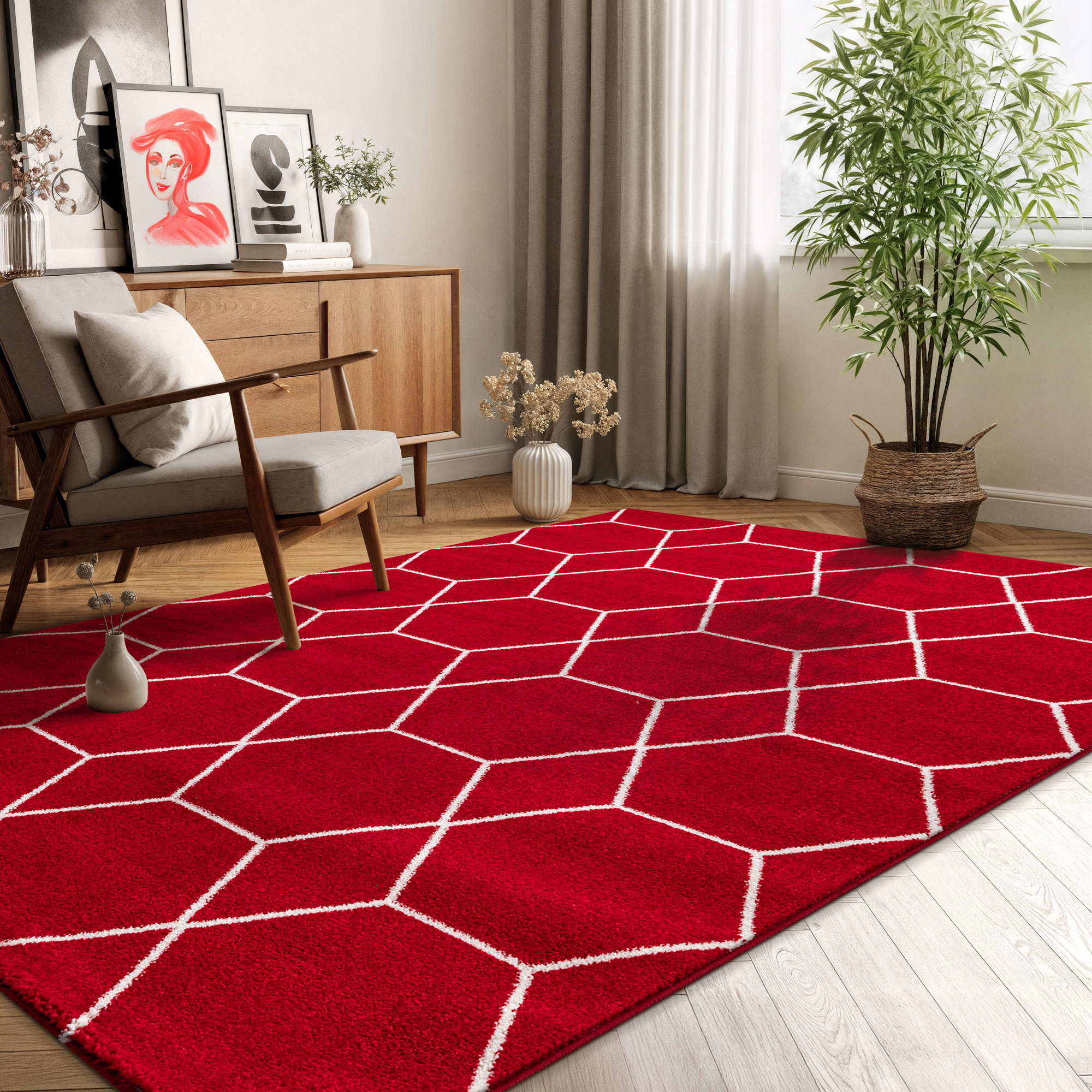 Trellis Uni Effen Laagpolig Vloerkleed Modern Rood