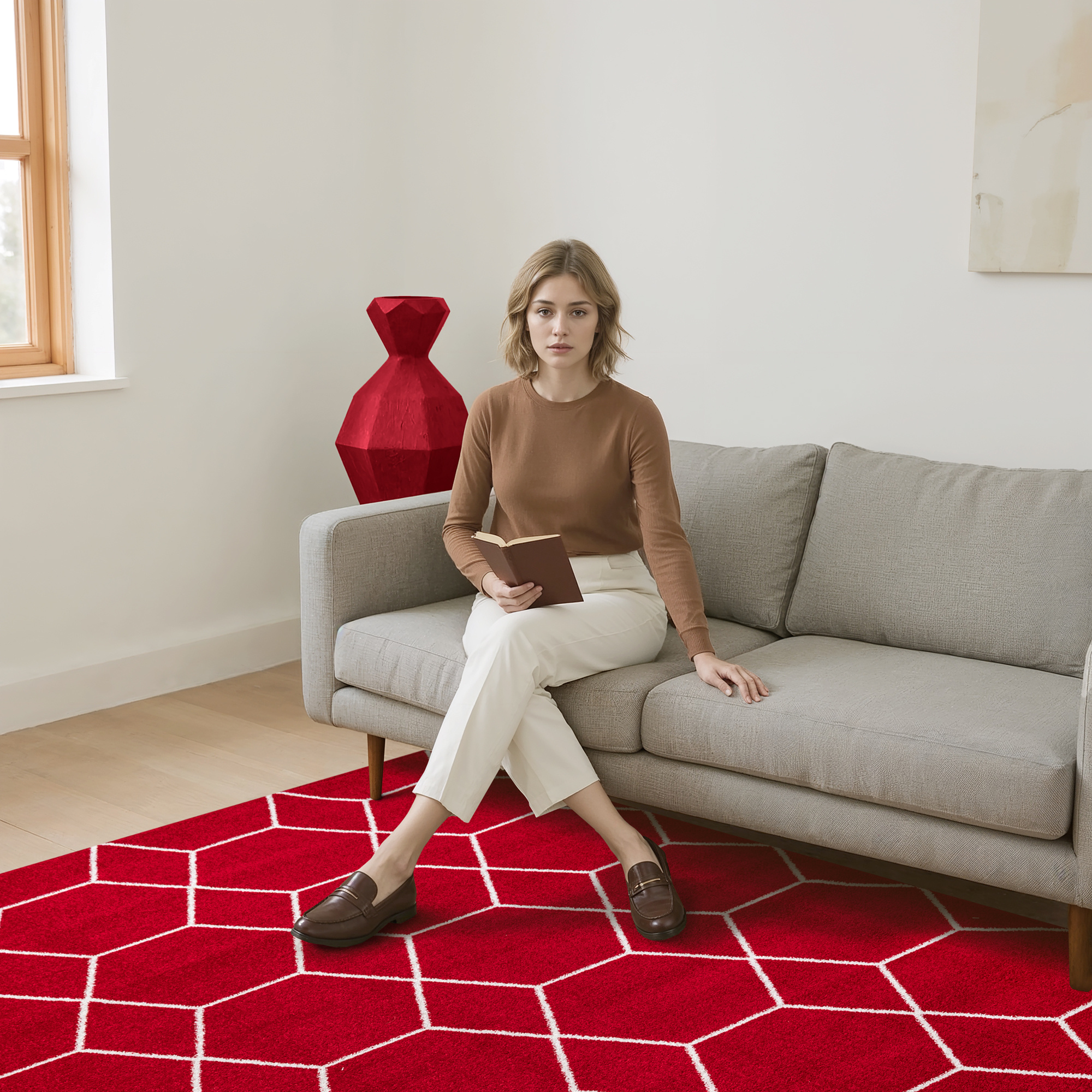 Trellis Uni Laagpolig Vloerkleed Rood