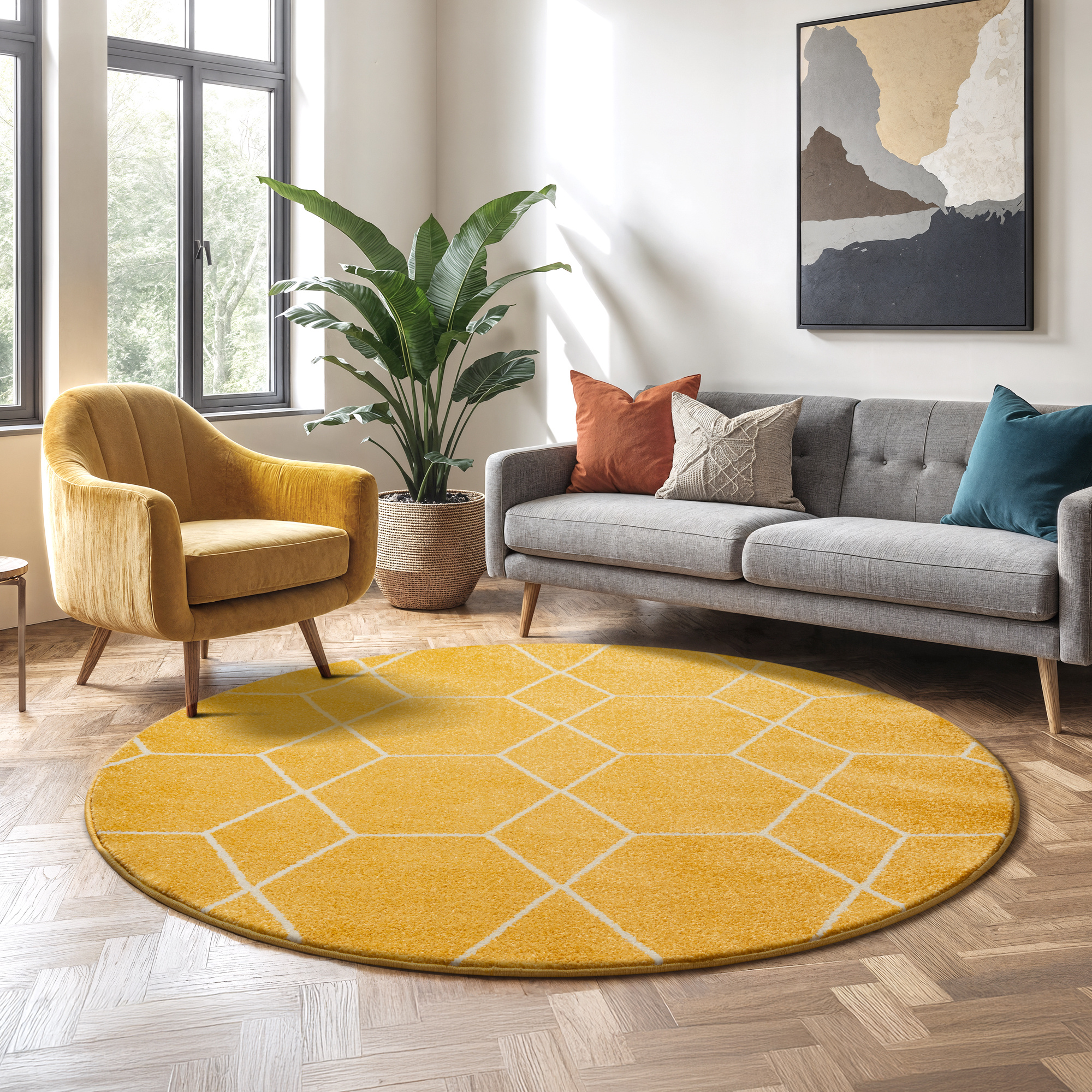 Trellis Uni Rond Effen Laagpolig Vloerkleed Modern Geel