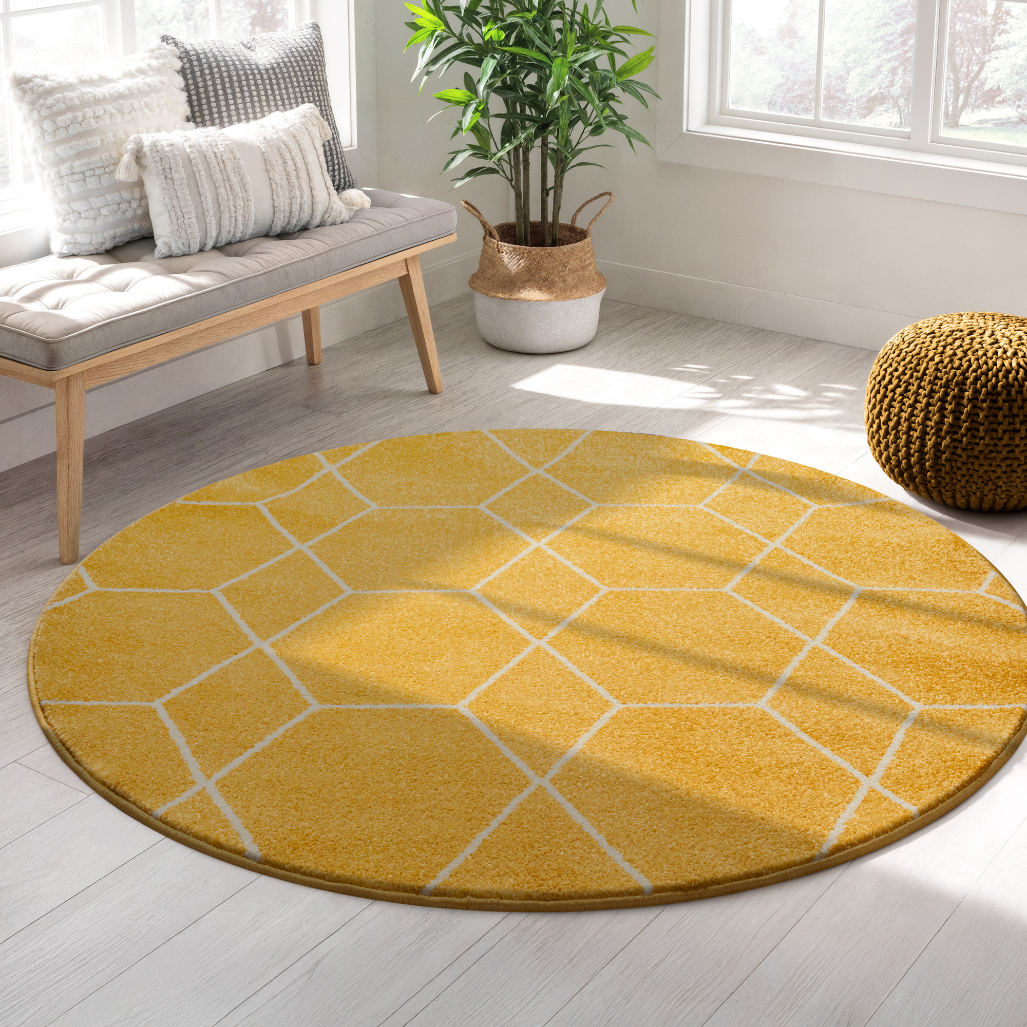 Trellis Uni Rond Effen Laagpolig Vloerkleed Modern Geel