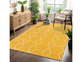 Trellis Uni Effen Laagpolig Vloerkleed Modern Geel