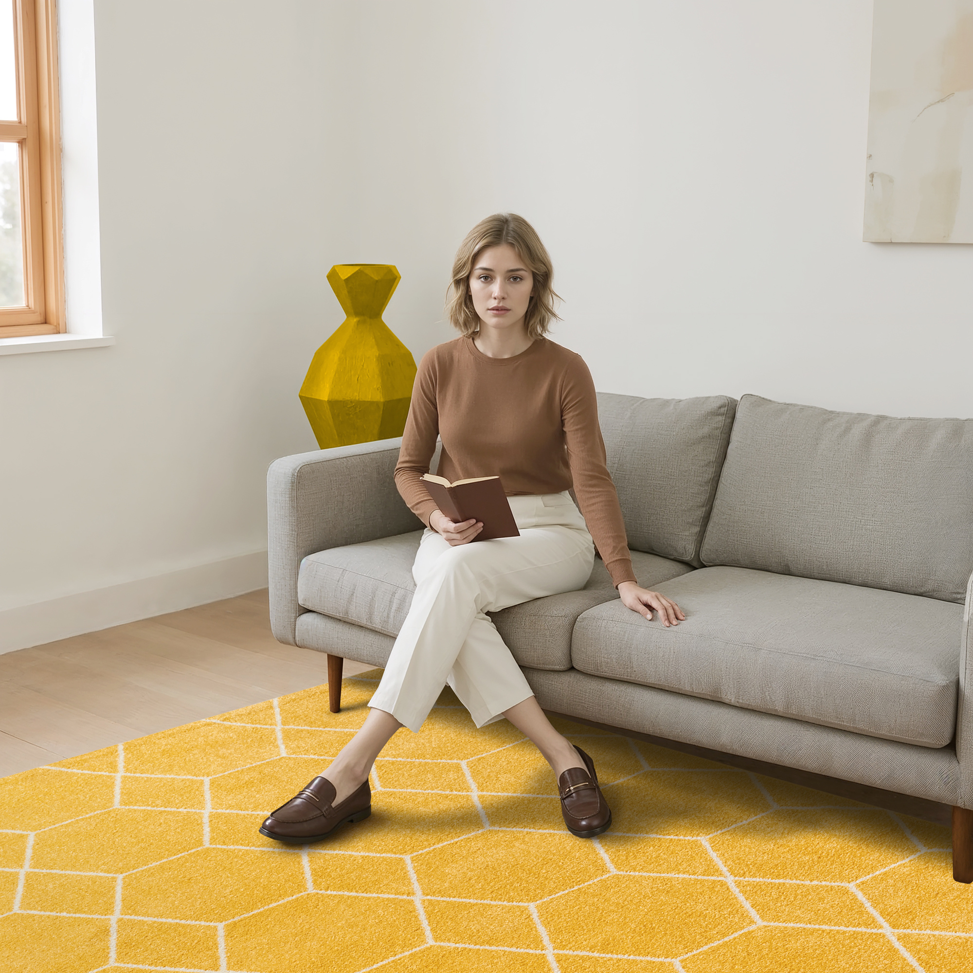 Trellis Uni Effen Laagpolig Vloerkleed Modern Geel