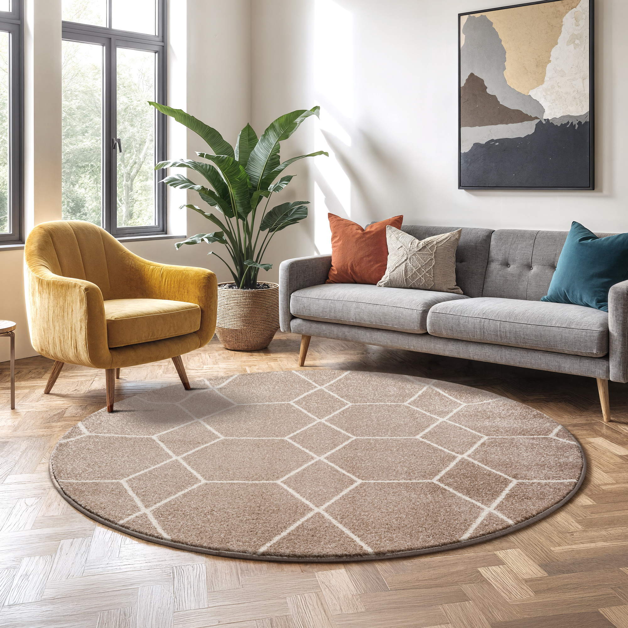 Trellis Uni Rond Effen Laagpolig Vloerkleed Modern Beige