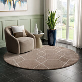 Trellis Uni Rond Effen Laagpolig Vloerkleed Modern Beige