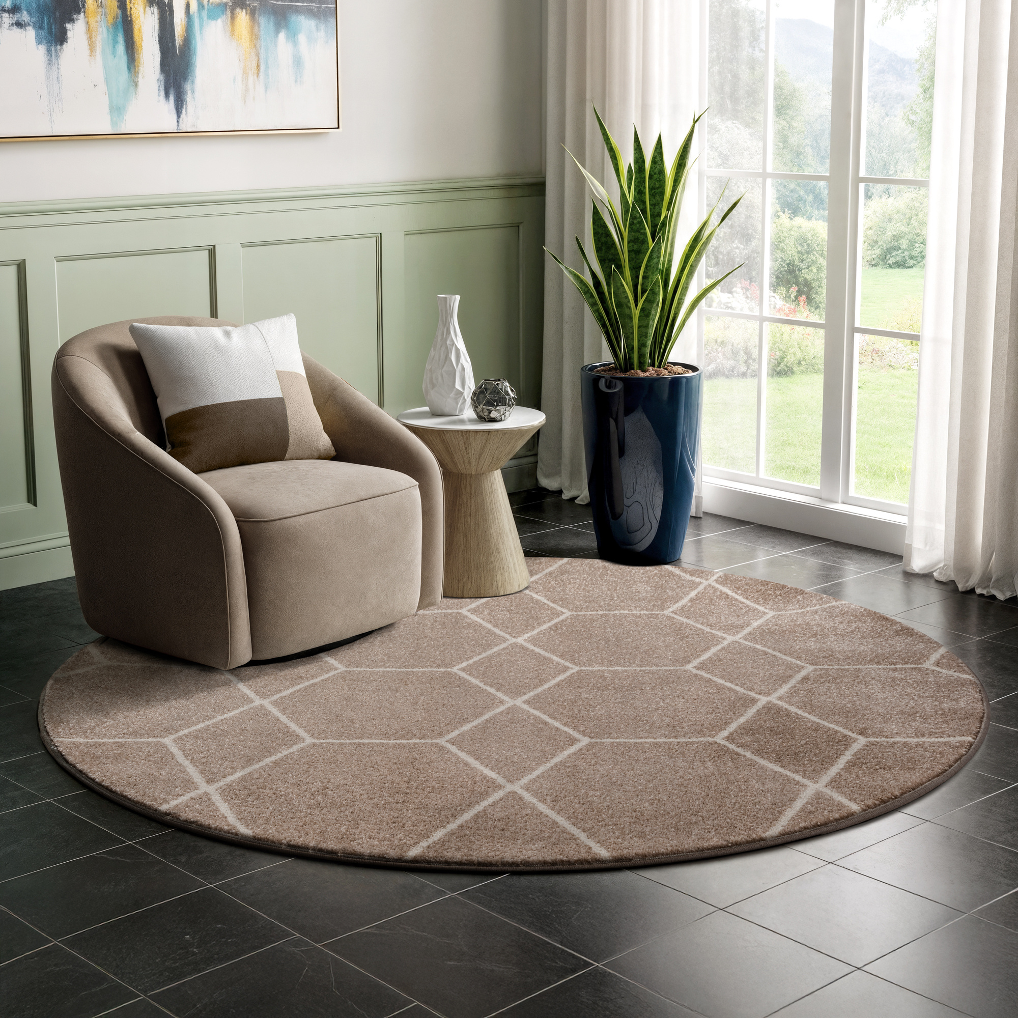 Trellis Uni Rond Effen Laagpolig Vloerkleed Modern Beige