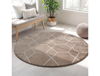 Trellis Uni Rond Effen Laagpolig Vloerkleed Modern Beige