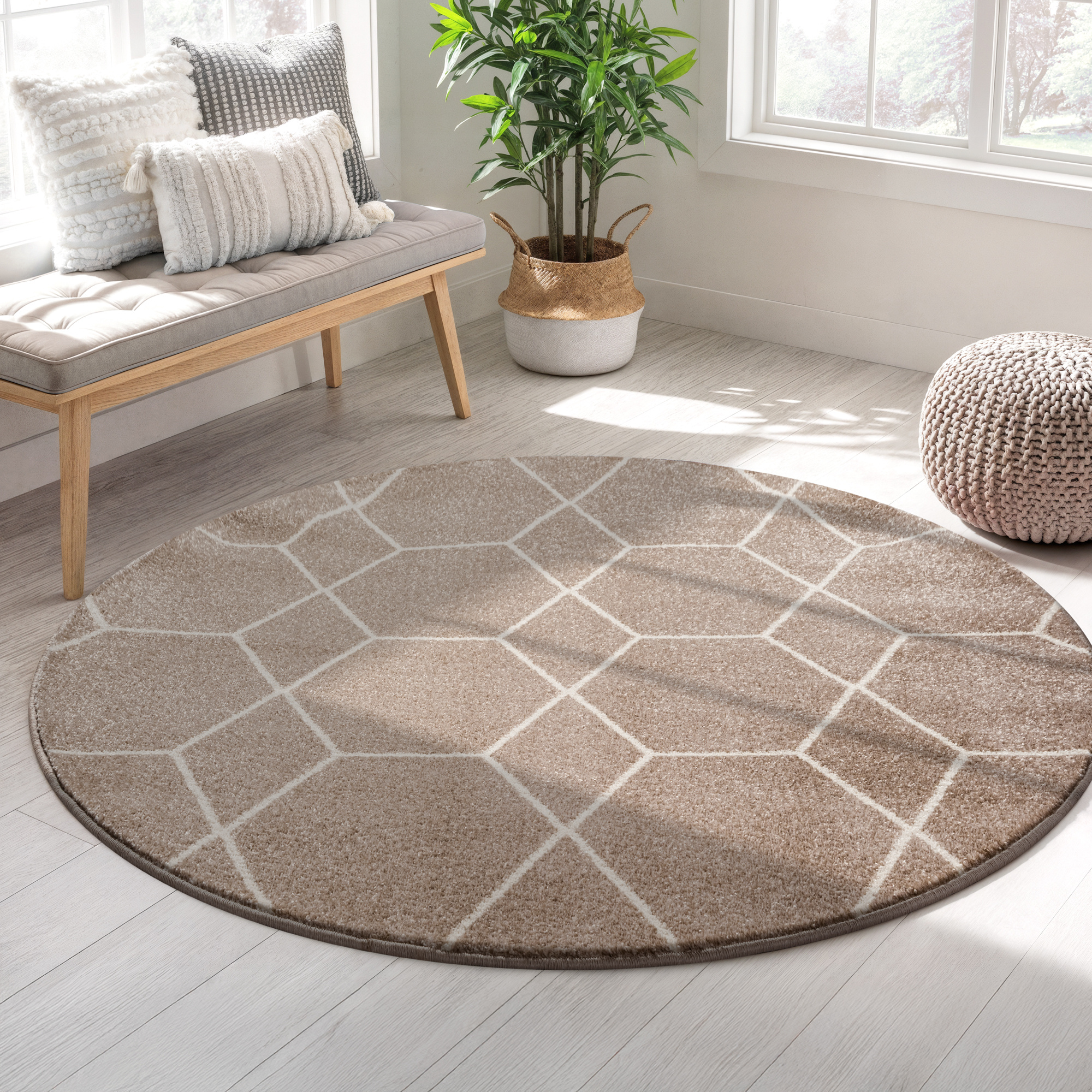 Trellis Uni Rond Effen Laagpolig Vloerkleed Modern Beige