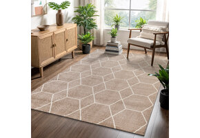 Trellis Uni Effen Laagpolig Vloerkleed Modern Beige