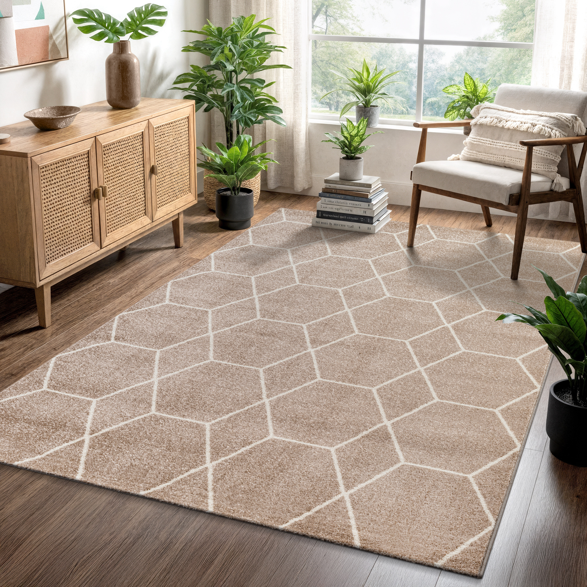 Trellis Uni Laagpolig Vloerkleed Beige