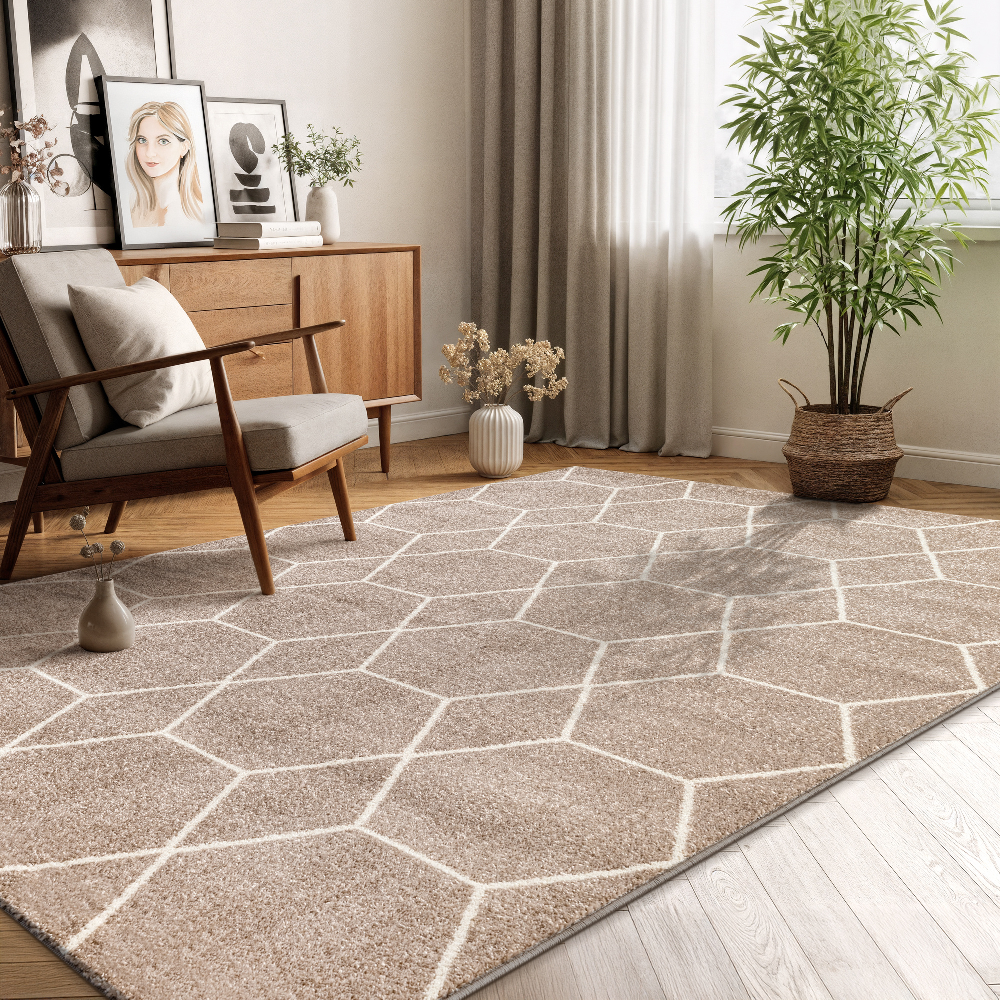 Trellis Uni Effen Laagpolig Vloerkleed Modern Beige