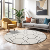 Trellis Uni Rond Effen Laagpolig Vloerkleed Modern Creme