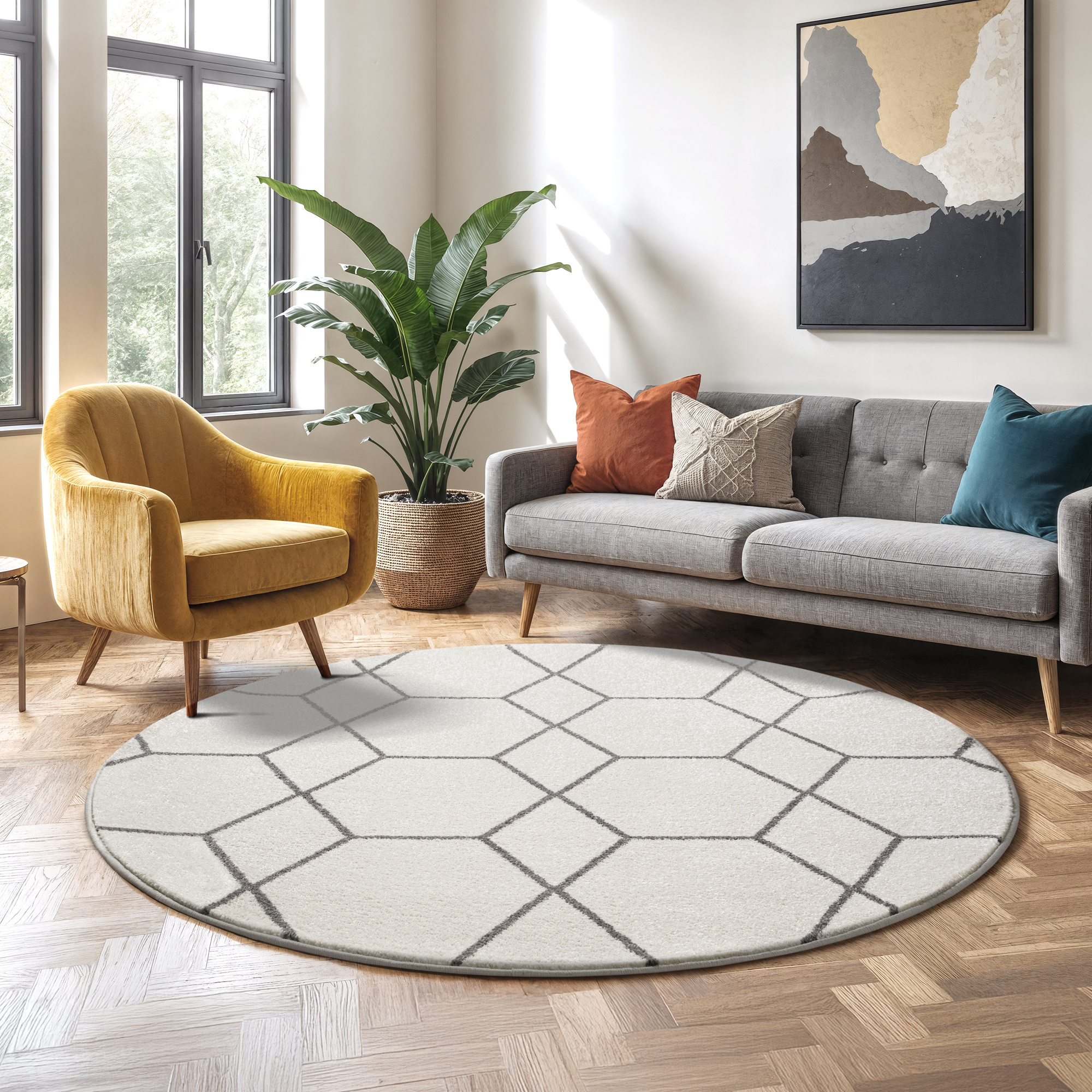 Trellis Uni Rond Effen Laagpolig Vloerkleed Modern Creme