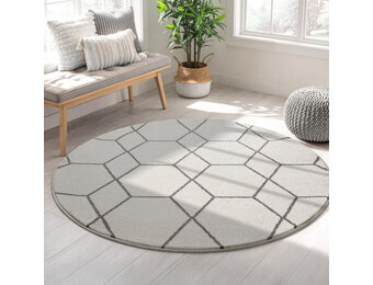 Trellis Uni Rond Effen Laagpolig Vloerkleed Modern Creme