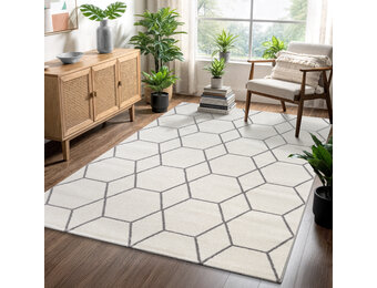 Trellis Uni Effen Laagpolig Vloerkleed Modern Creme