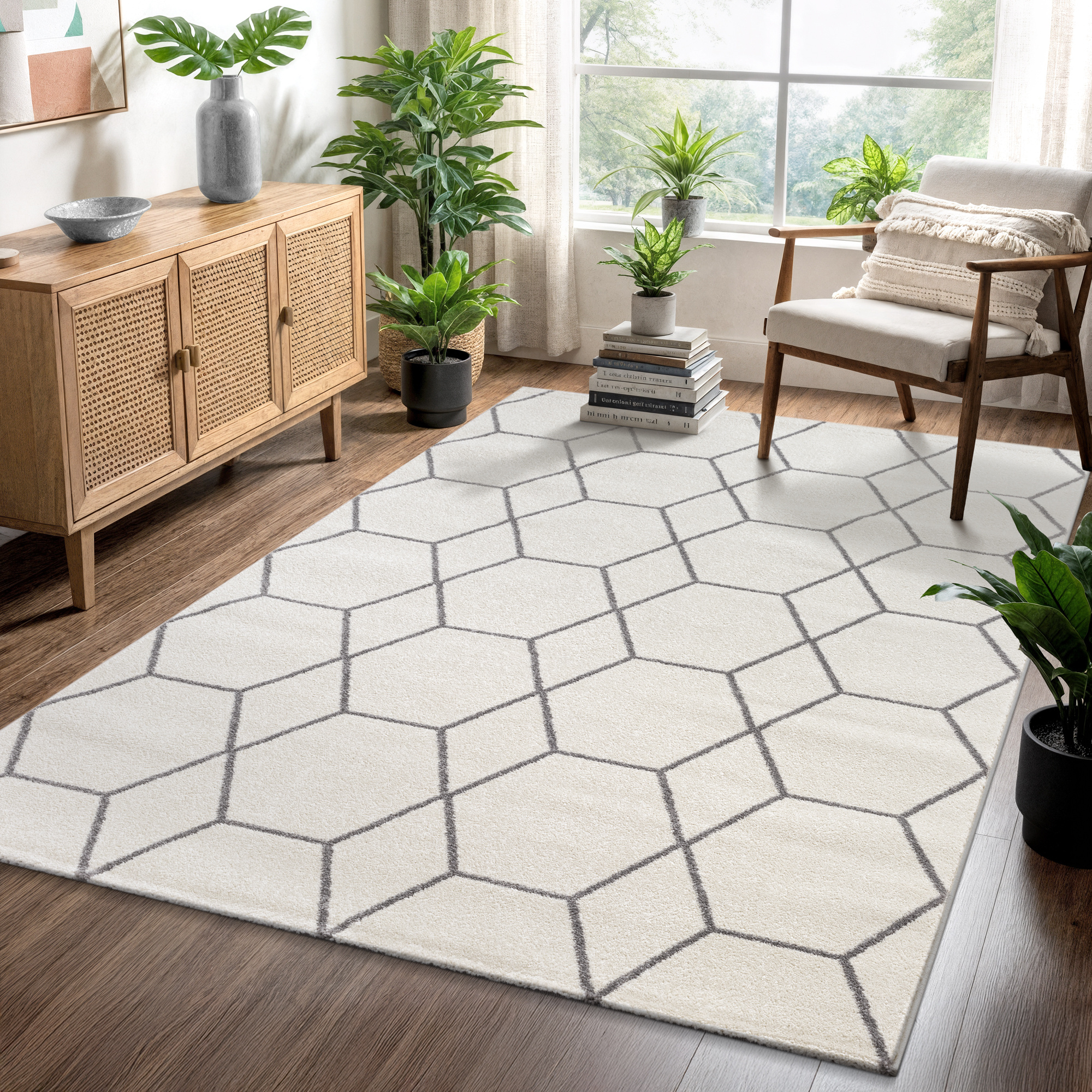 Trellis Uni Effen Laagpolig Vloerkleed Modern Creme