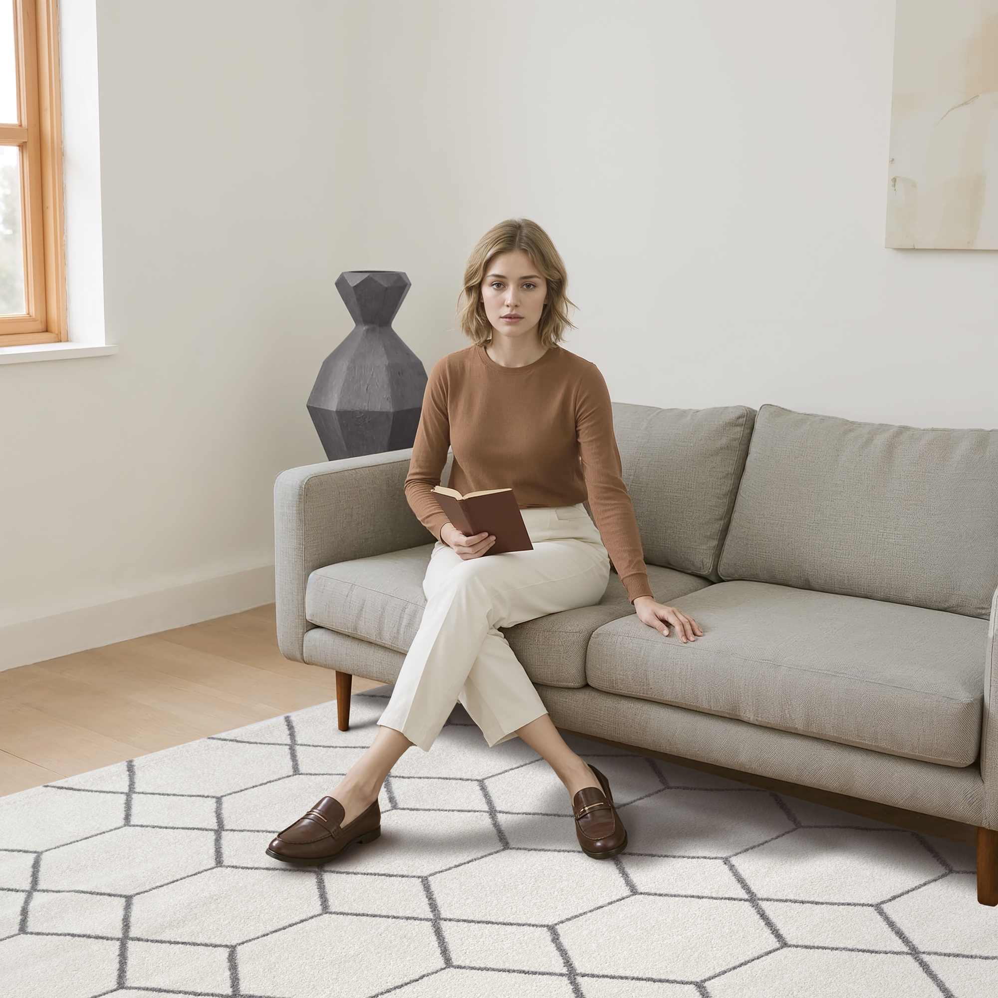 Trellis Uni Effen Laagpolig Vloerkleed Modern Creme