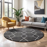 Trellis Uni Rond Effen Laagpolig Vloerkleed Modern Donker Grijs