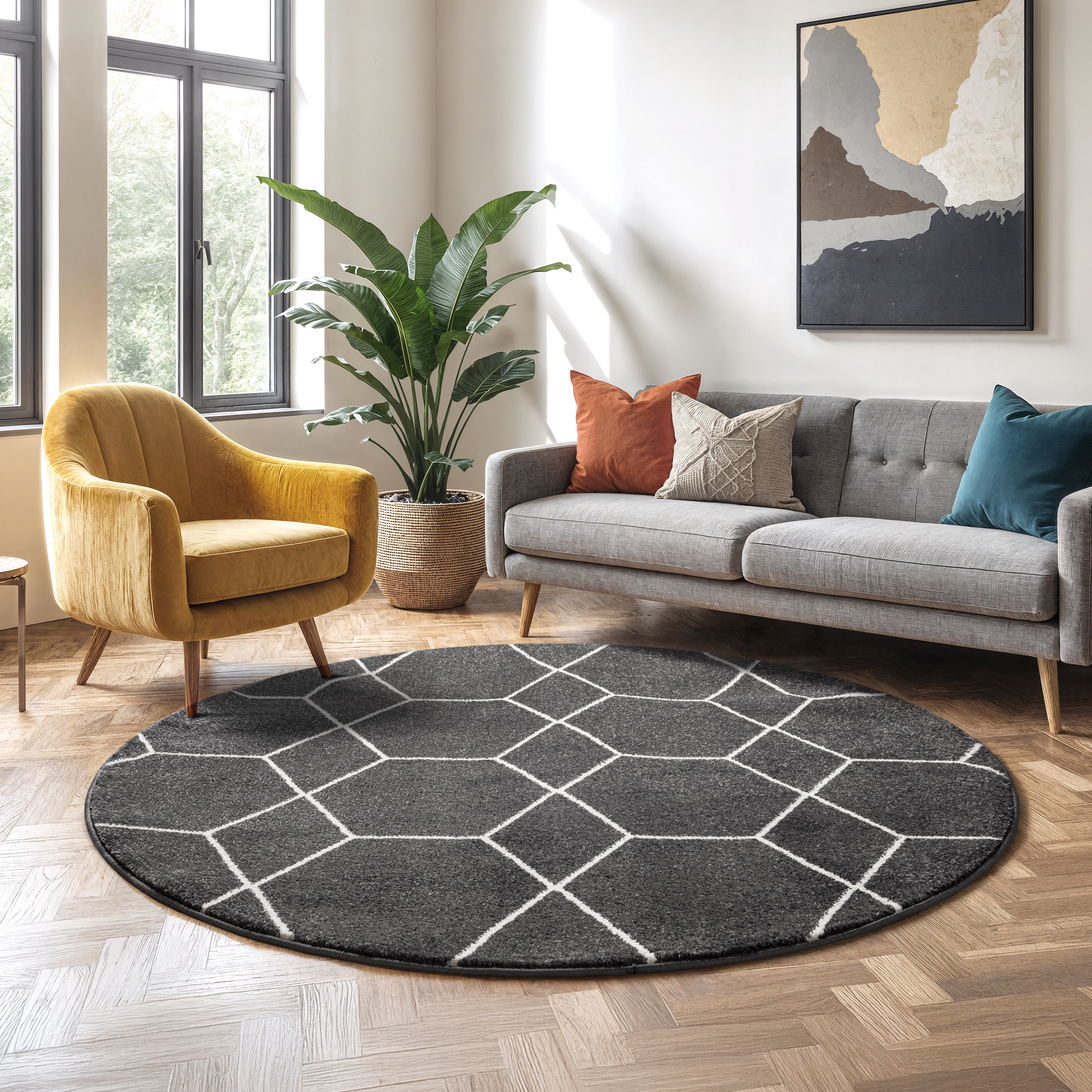 Trellis Uni Rond Laagpolig Vloerkleed Donkergrijs