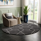 Trellis Uni Rond Effen Laagpolig Vloerkleed Modern Donker Grijs