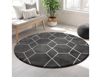 Trellis Uni Rond Effen Laagpolig Vloerkleed Modern Donker Grijs