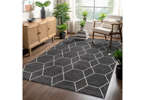 Trellis Uni Effen Laagpolig Vloerkleed Modern Donker Grijs