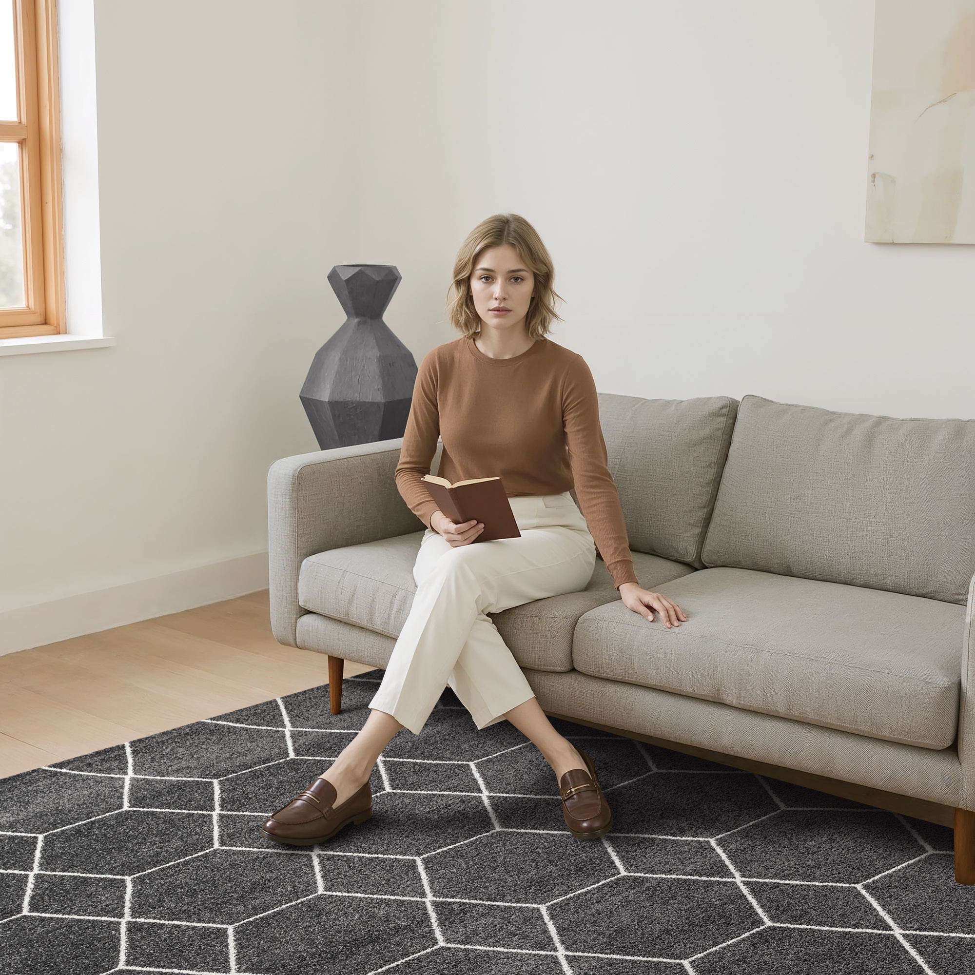 Trellis Uni Effen Laagpolig Vloerkleed Modern Donker Grijs